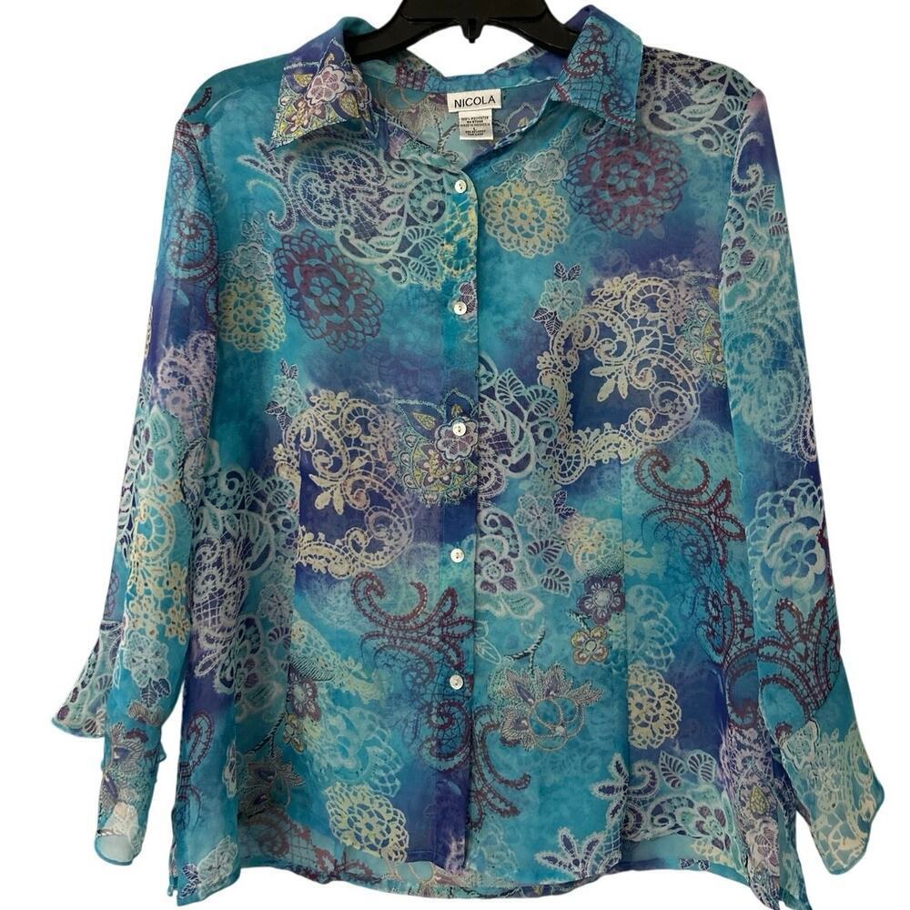 Nicola Vintage Turquoise Sheer Bell Sleeve  Blouse Fairycore Whimsical Size Lrg